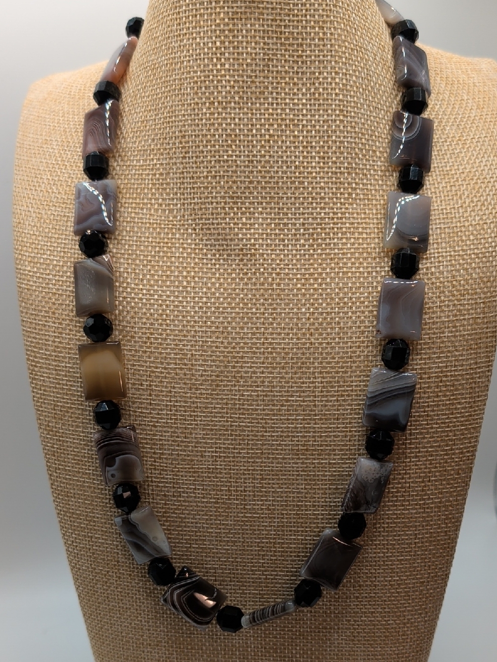 Hand Crafted Neutral Agate & Black Bead Necklace